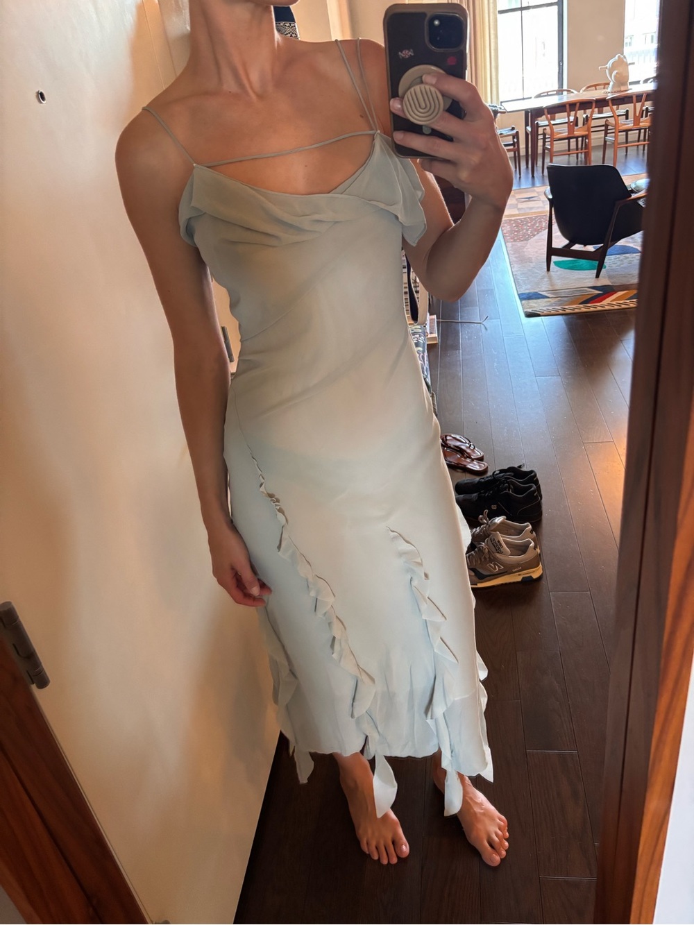 Acne Pale Blue Ruffle Slip Midi Dress